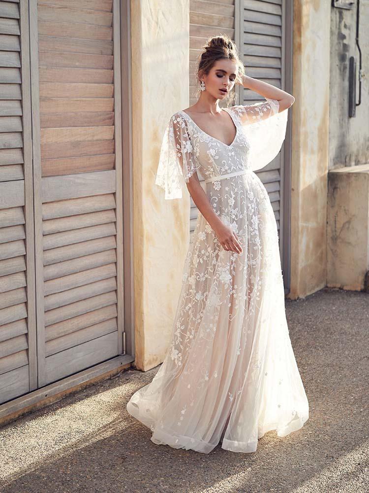 Affordable V-Neck Half Sleeve Lace Beach Wedding Gown BMbride