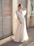 Affordable V-Neck Half Sleeve Lace Beach Wedding Gown BMbride