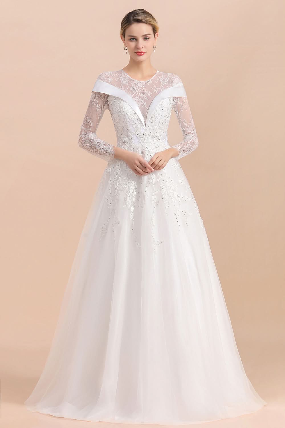 Floor Length Lace Long Sleeve Wedding Dress BMbride