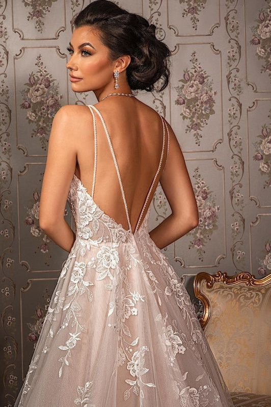 Sleeveless V-Neck Tulle A-Line Lace Appliques Wedding Dress BM bride