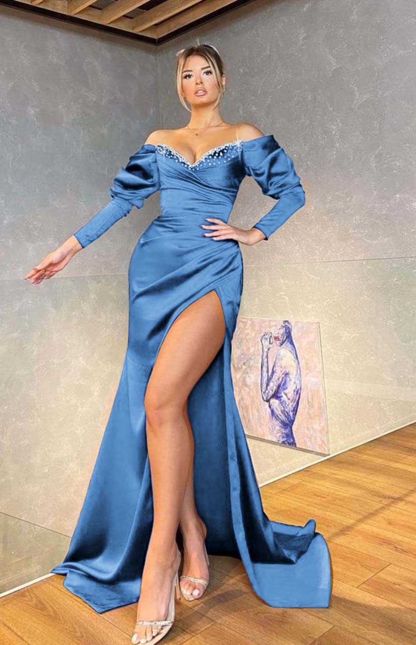 Off the Shoulder Mermaid Royal Blue Long Sleeves Prom Dress Beading BMBRIDE