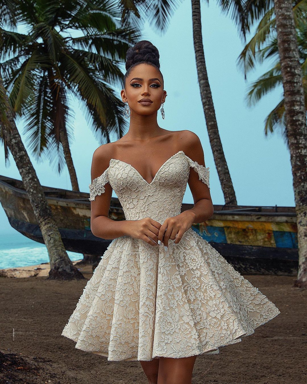 Short A-Line Off-the-Shoulder Wedding Dress with Lace BM bride