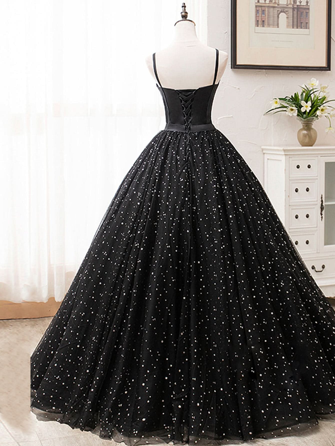 Dazzling V Neck Glitter Black Long Prom Dress BM bride