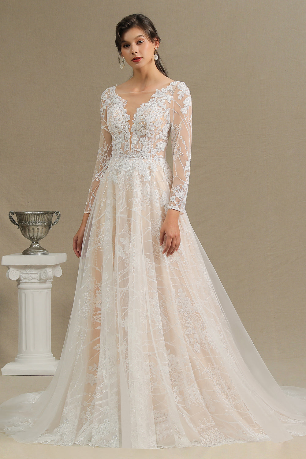 Sheer Long Sleeve A-Line Illusion Tulle Wedding Dress with Lace BM bride
