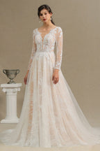 Sheer Long Sleeve A-Line Illusion Tulle Wedding Dress with Lace BM bride