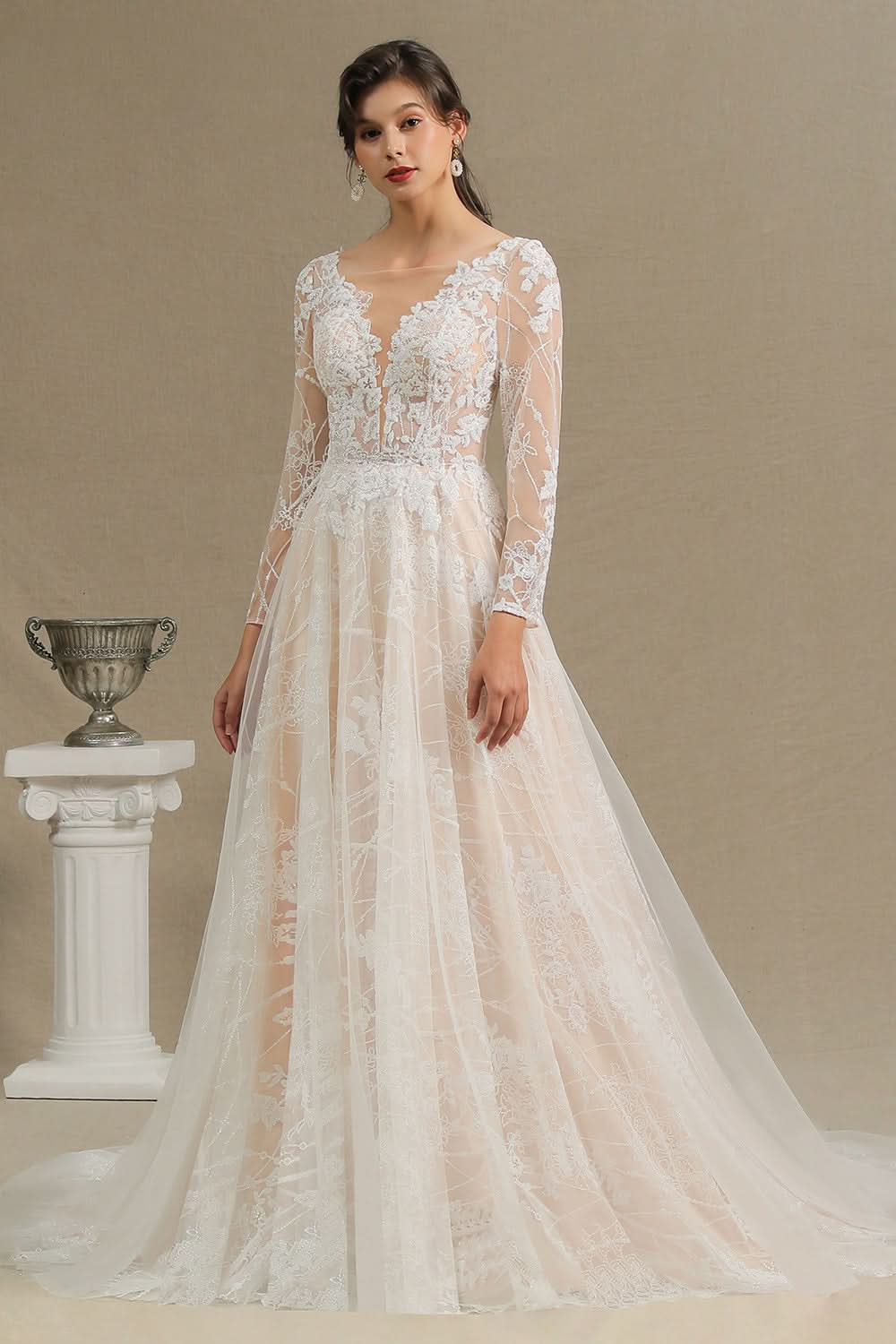 Sheer Long Sleeve A-Line Illusion Tulle Wedding Dress with Lace BM bride