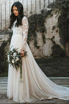 A-Line Lace Long Sleeve Scoop Neck Sweep Train Wedding Dress BM bride
