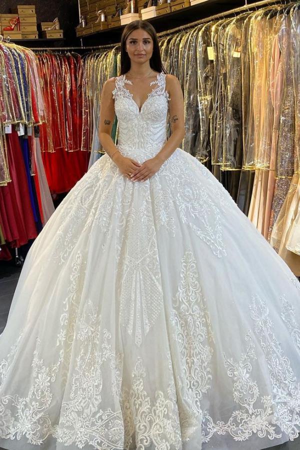 Gorgeous Lace Backless Floor-Length Wedding Dress with Train and V-Neck Appliques BM bride