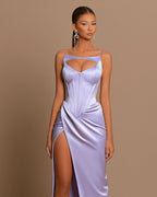 Purple Evening Dress Ball Gown Sleeveless Spaghetti Straps Pleated BM bride