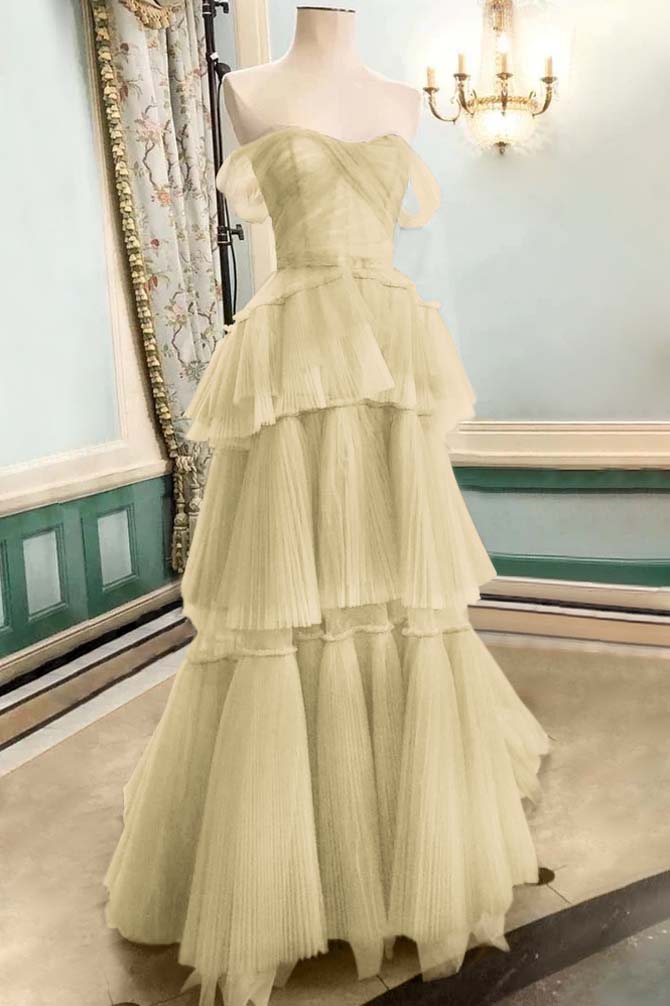 Strapless Off the Shoulder Sleeveless Long Prom Dress With Tulle BMBRIDE