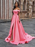 Pink Off-the-Shoulder Long Prom Dress with Split BM bride