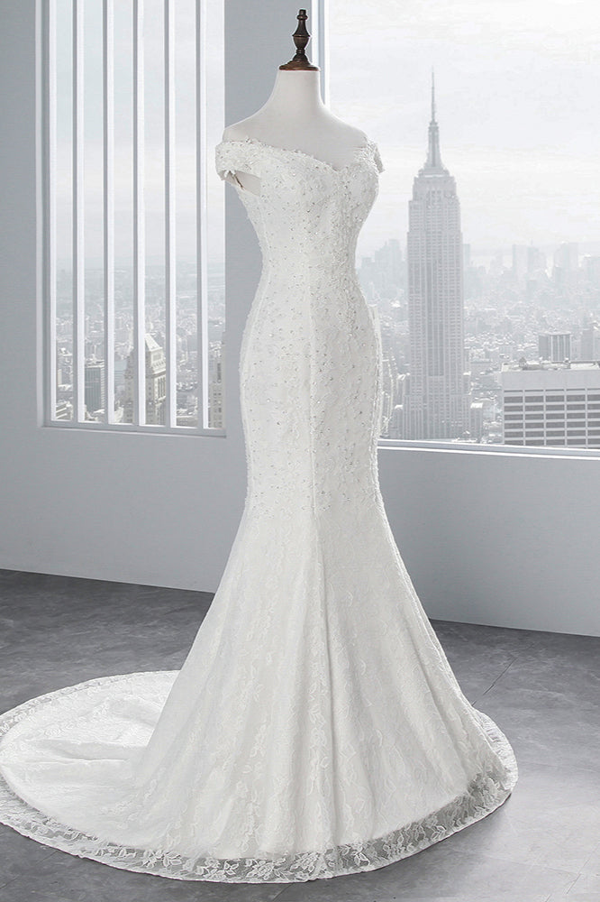 Off-the-Shoulder Long Mermaid Wedding Dress with Lace BM bride