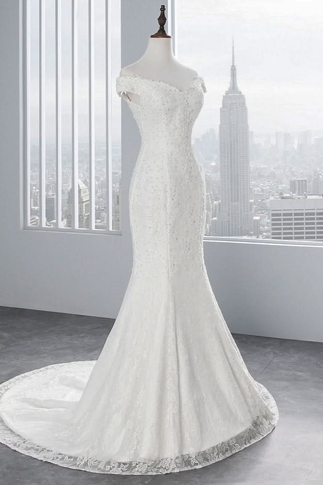 Off-the-Shoulder Long Mermaid Wedding Dress with Lace BM bride
