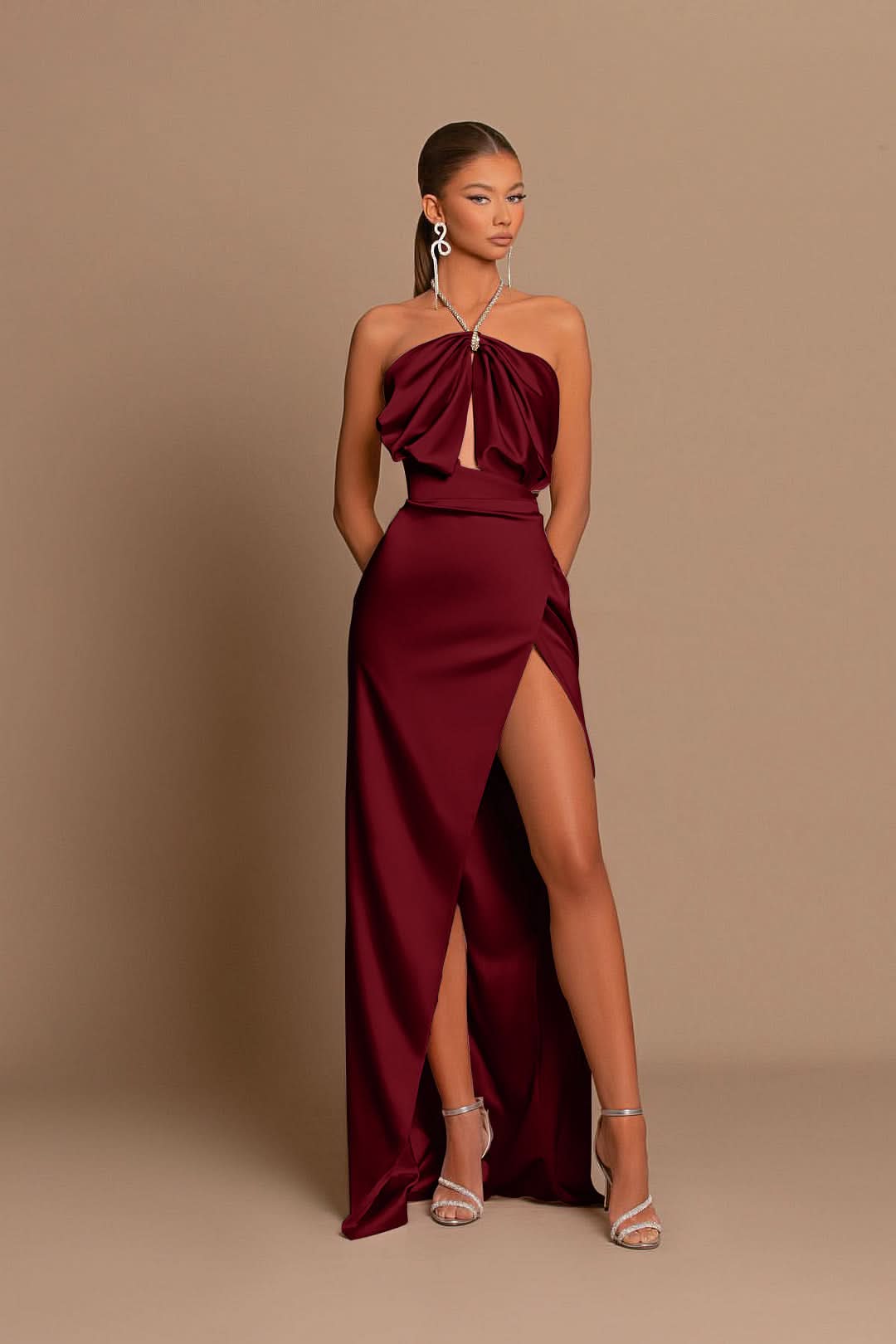 Chic Pink Sleeveless Evening Dress with Strapless Design and Side Slit Pleats BM bride