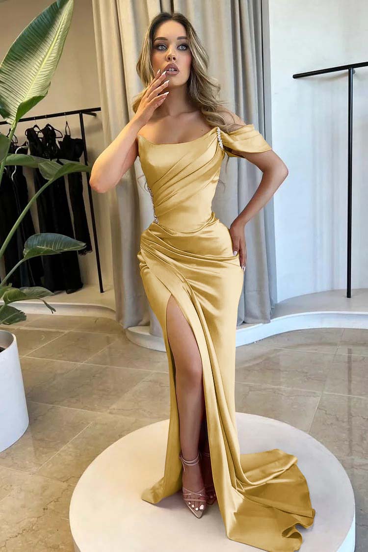Strapless One Shoulder Long Mermaid Prom Dress With Split Beading BMBRIDE