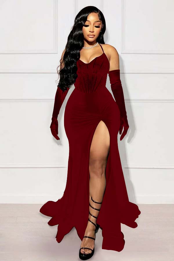 Halter Sleeveless Long Mermaid Prom Dress With Split Gloves BMBRIDE