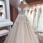 Vintage A-Line V-Neck Spaghetti Strap Backless Wedding Dress with Lace Appliques and Tulle BM bride