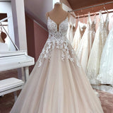Vintage A-Line V-Neck Spaghetti Strap Backless Wedding Dress with Lace Appliques and Tulle BM bride