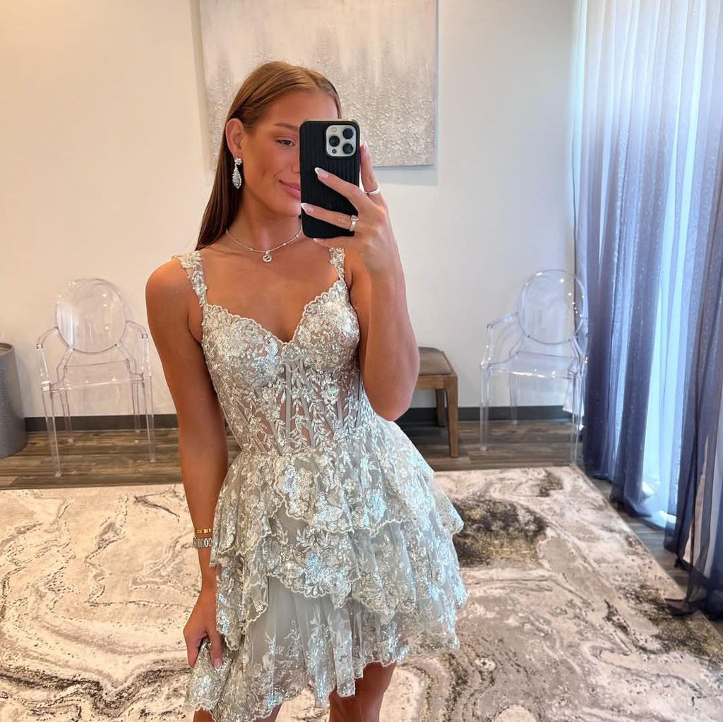 Sweetheart A-Line Short Tiered Homecoming Dress with Playful Layers BM bride