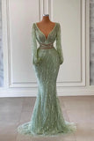 Light Green V-Neck Mermaid Evening Dress Long Sleeves with Sequins and Beads BM bride
