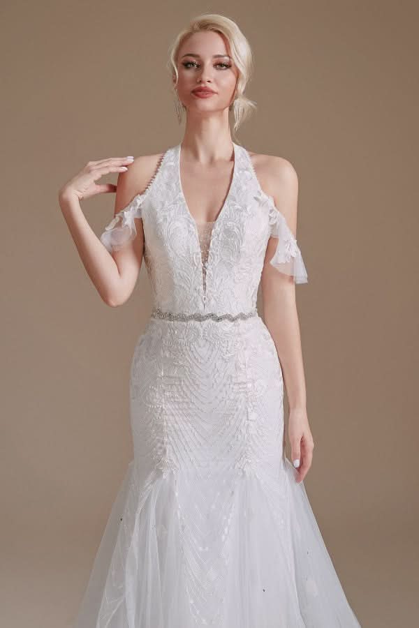 Elegant Long Mermaid Halter Tulle Floor-Length Wedding Dress with Lace Appliques BM bride