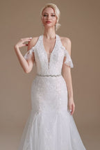 Elegant Long Mermaid Halter Tulle Floor-Length Wedding Dress with Lace Appliques BM bride