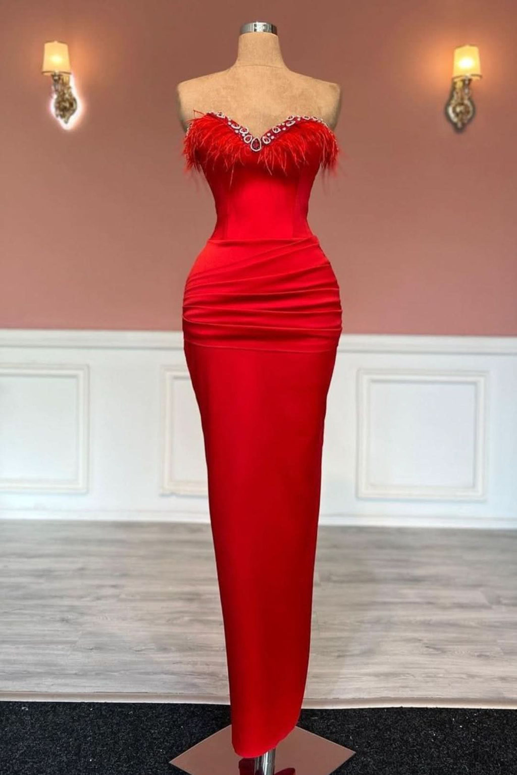 Red Long Sleeveless Sweetheart Satin Prom Dress with Tassel Decoration BM bride