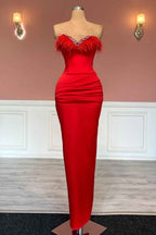 Prom Dress Red Long Sleeveless Feather Decoration Sweetheart Satin