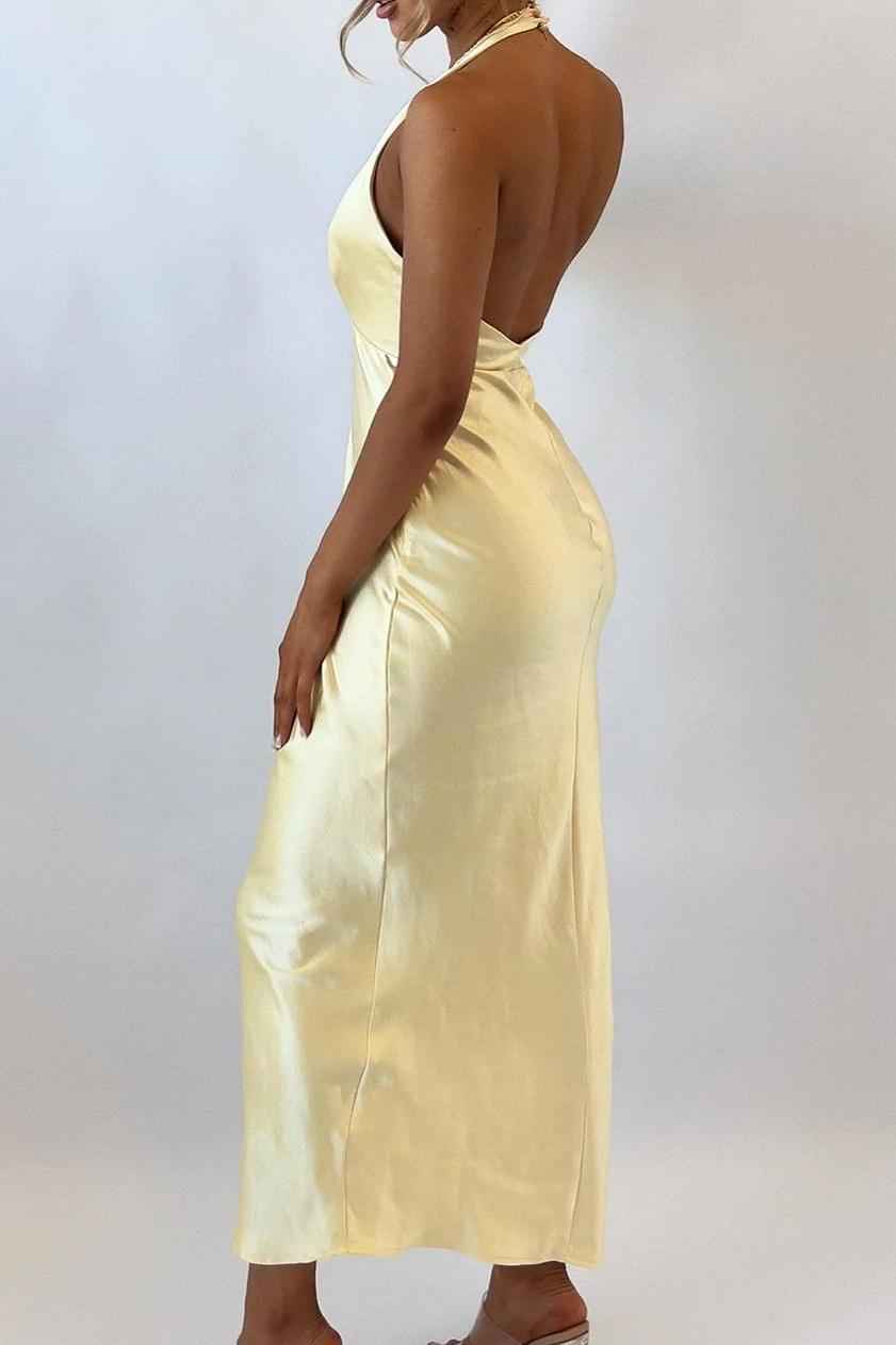 Halter Backless Sleeveless Deep V Neck Prom Dress With Pleated