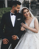 Long Princess V-Neck Wedding Dress with Lace and Tulle Appliques BM bride