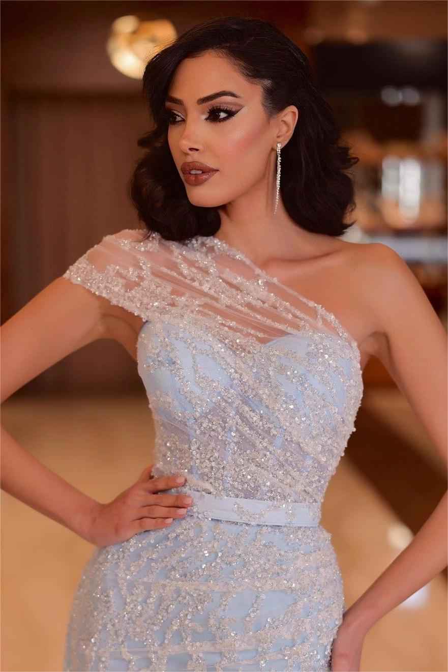 Glamorous One Shoulder Sleeveless Pleated Split Long Prom Dress With Beadings