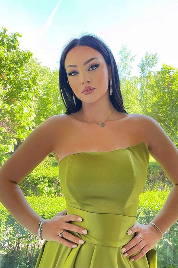 Elegant Green Strapless A-Line Prom Dress with Split BM bride