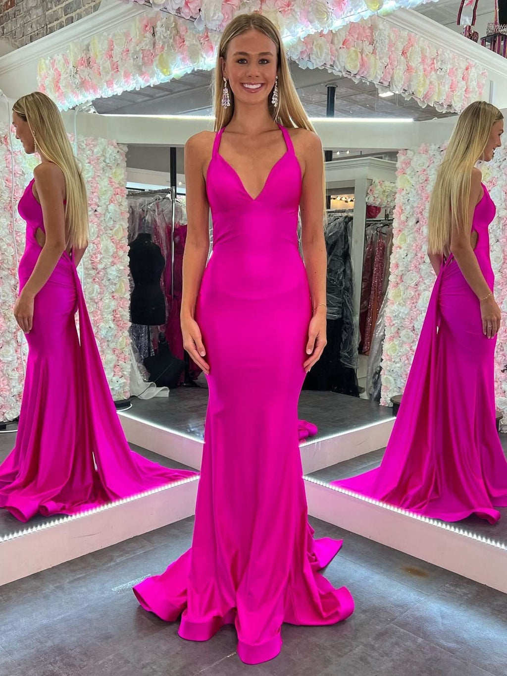 Romantic Mermaid Pink V Neck Backless Satin Long Prom Dress BM bride