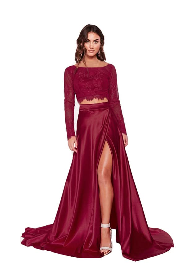 Two-Piece Lace Prom Dress with Slit BM bride