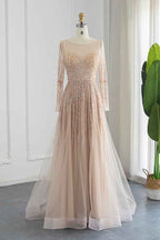Champagne Jewel Neck A Line Prom Dress Long Sleeves Tulle With Appliques