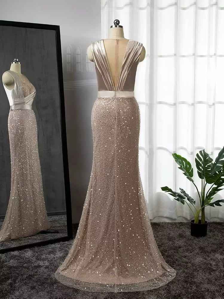 Retro Champagne Bead Embroidery Shawl Pleated Long Prom Dress