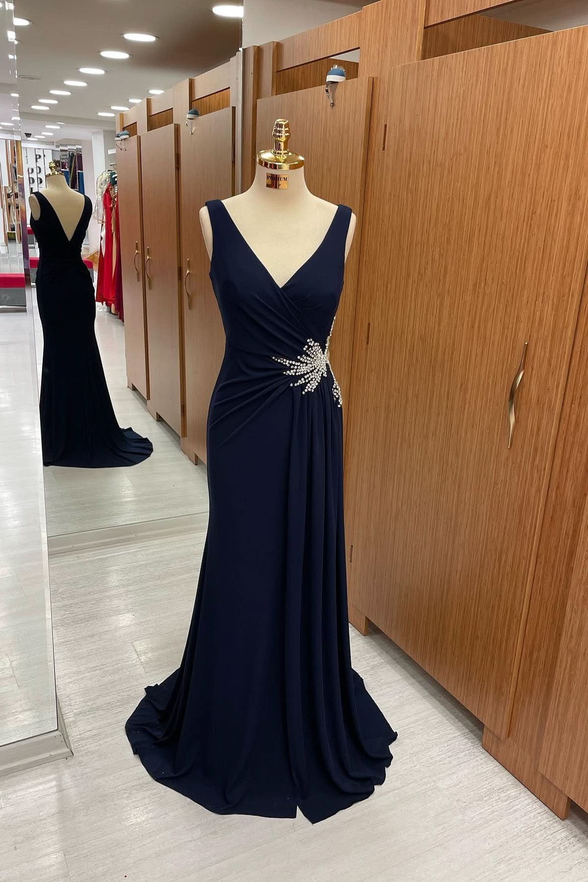 Gorgeous Dark Navy Strapped V-Neck Pleated Prom Dress with Rhinestones BM bride