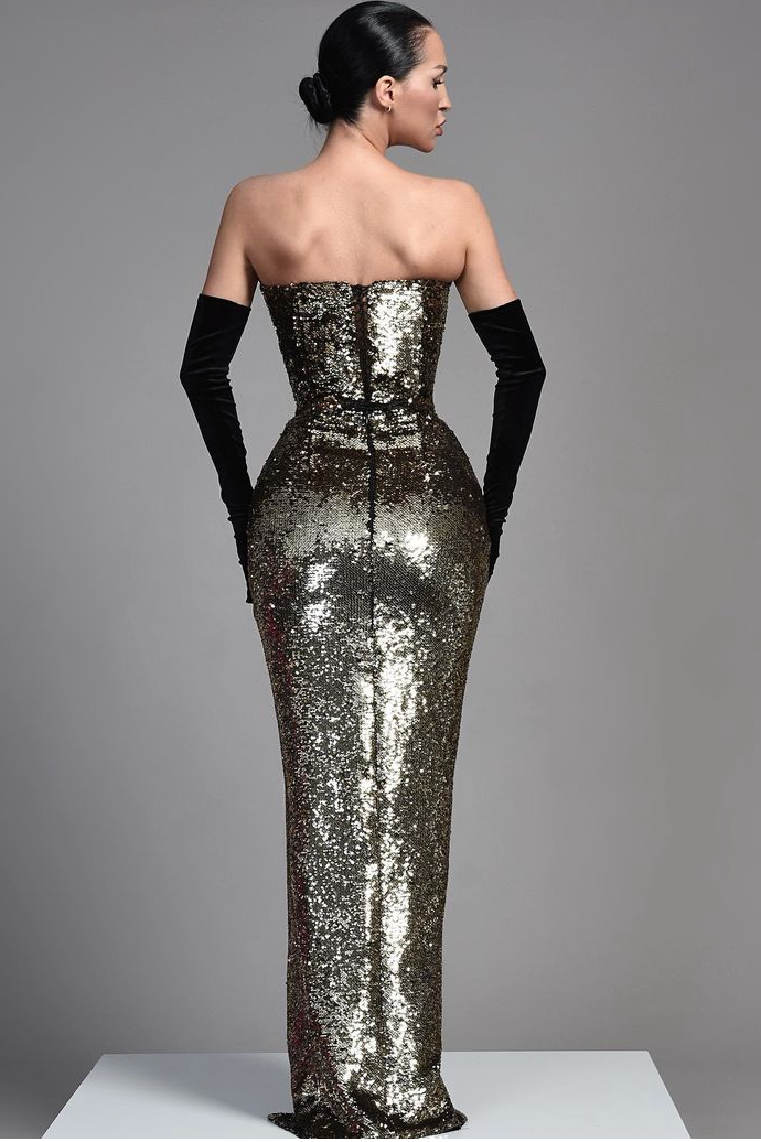 Elegant V Neck Sequins Half Sleeves Evening Dress with Slit BM bride