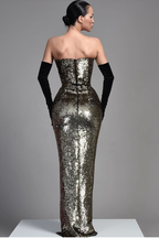 Elegant V Neck Sequins Half Sleeves Evening Dress with Slit BM bride