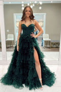 Elegant Dark Green Sweetheart Ruffle Tiered Tulle Long Prom Dresses,Formal Dresses,Prom Gowns,Women Formal Gowns,Quincea?Era Dresses,Cocktail Dresses,Prom Dress Custom Size with Slit BM bride