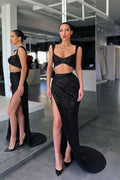 Black Two-Piece Mermaid Straps Prom Dress with Sequins and Split BM bride
