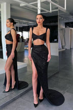 Black Two-Piece Mermaid Straps Prom Dress with Sequins and Split BM bride