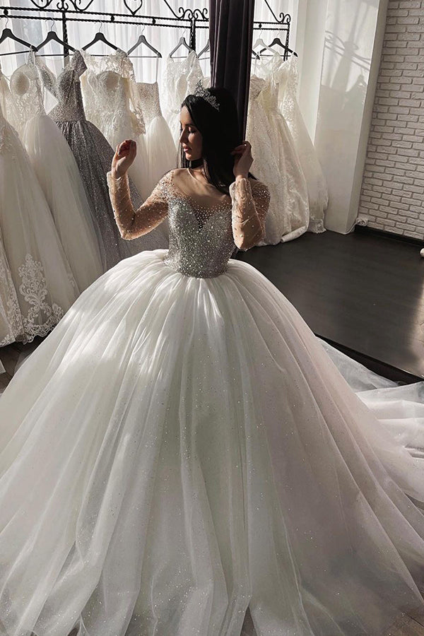 Shimmery Crystal Long Sleeve Ball Gown Wedding Dress with Beadings BM bride