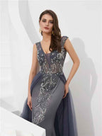 Elegant Bead Embroidery Dusty Blue Sleeveless Mermaid Long Prom Dress