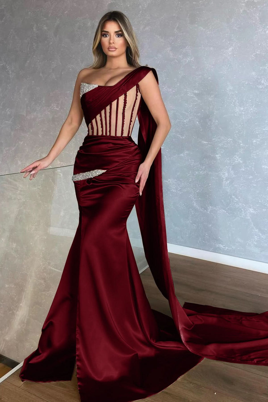 Amazing Champagne One-Shoulder Sleeveless Mermaid Prom Dress with Slit and Ruffles BM bride