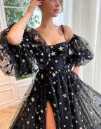 Elegant Side Slit Black Prom Dress with Stars BM bride