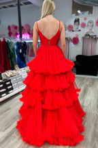 Chic A-line V-Neck Tulle Prom Dress Adorned with Tiered Ruffles BM bride