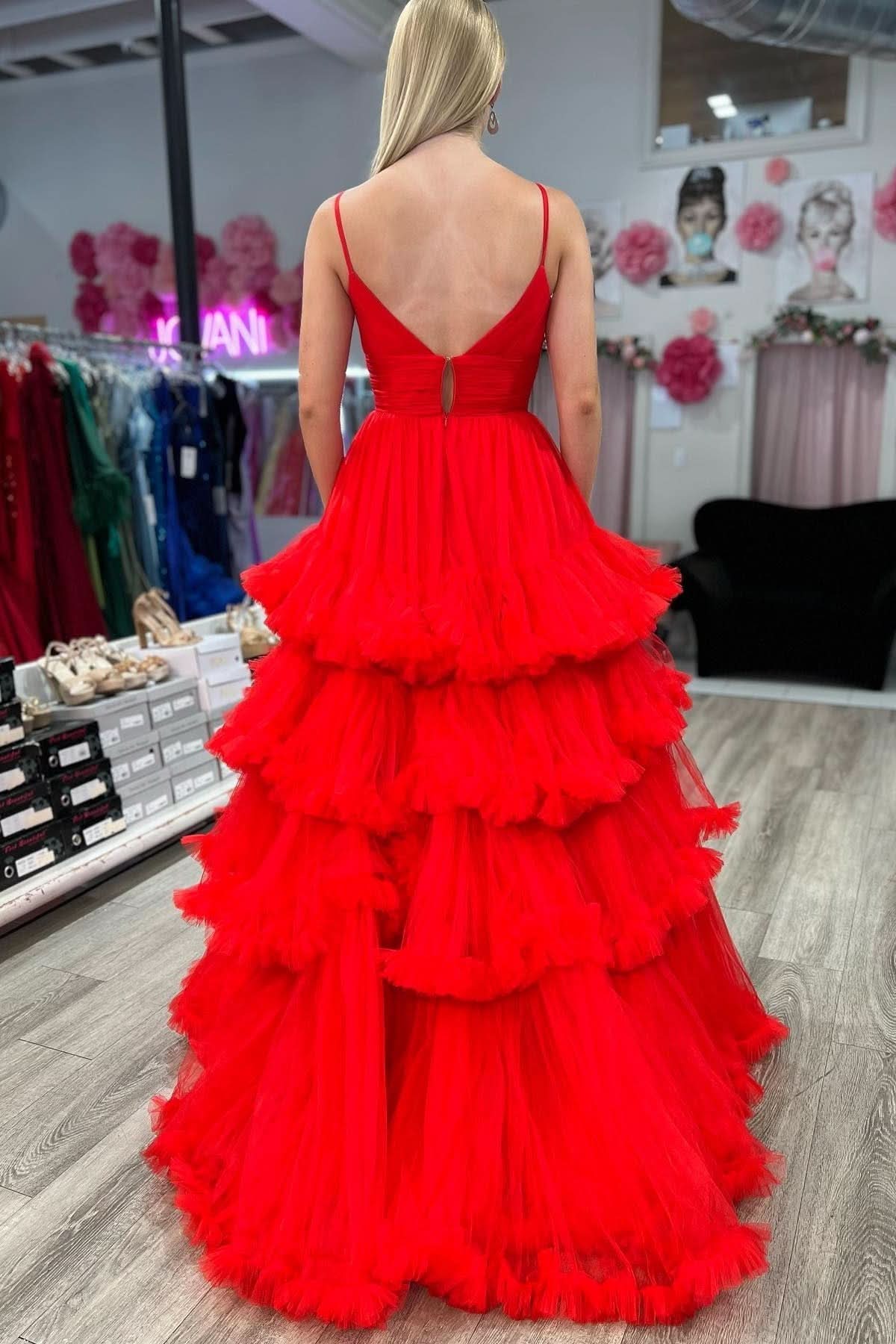 Chic A-line V-Neck Tulle Prom Dress Adorned with Tiered Ruffles BM bride
