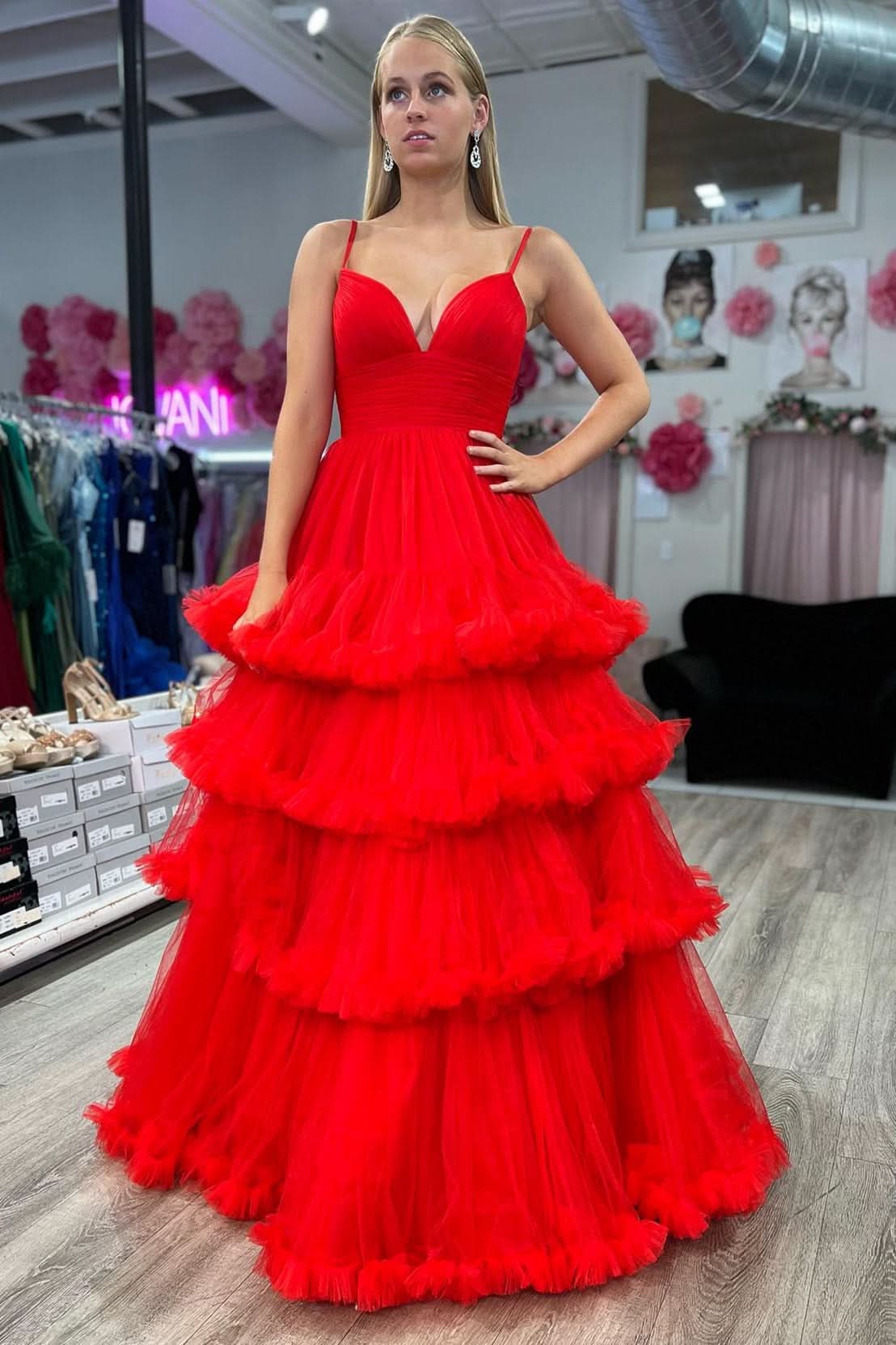 Chic A-line V-Neck Tulle Prom Dress Adorned with Tiered Ruffles BM bride