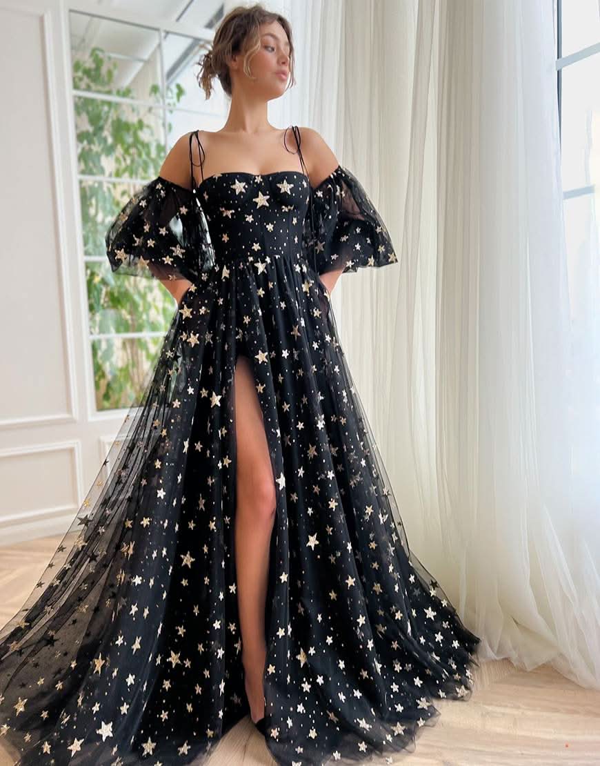 Elegant Side Slit Black Prom Dress with Stars BM bride